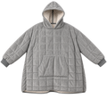 The Huvra laid flat, showing the box-quilted grid, low kangaroo pocket, ribbed cuffs and cream sherpa lining