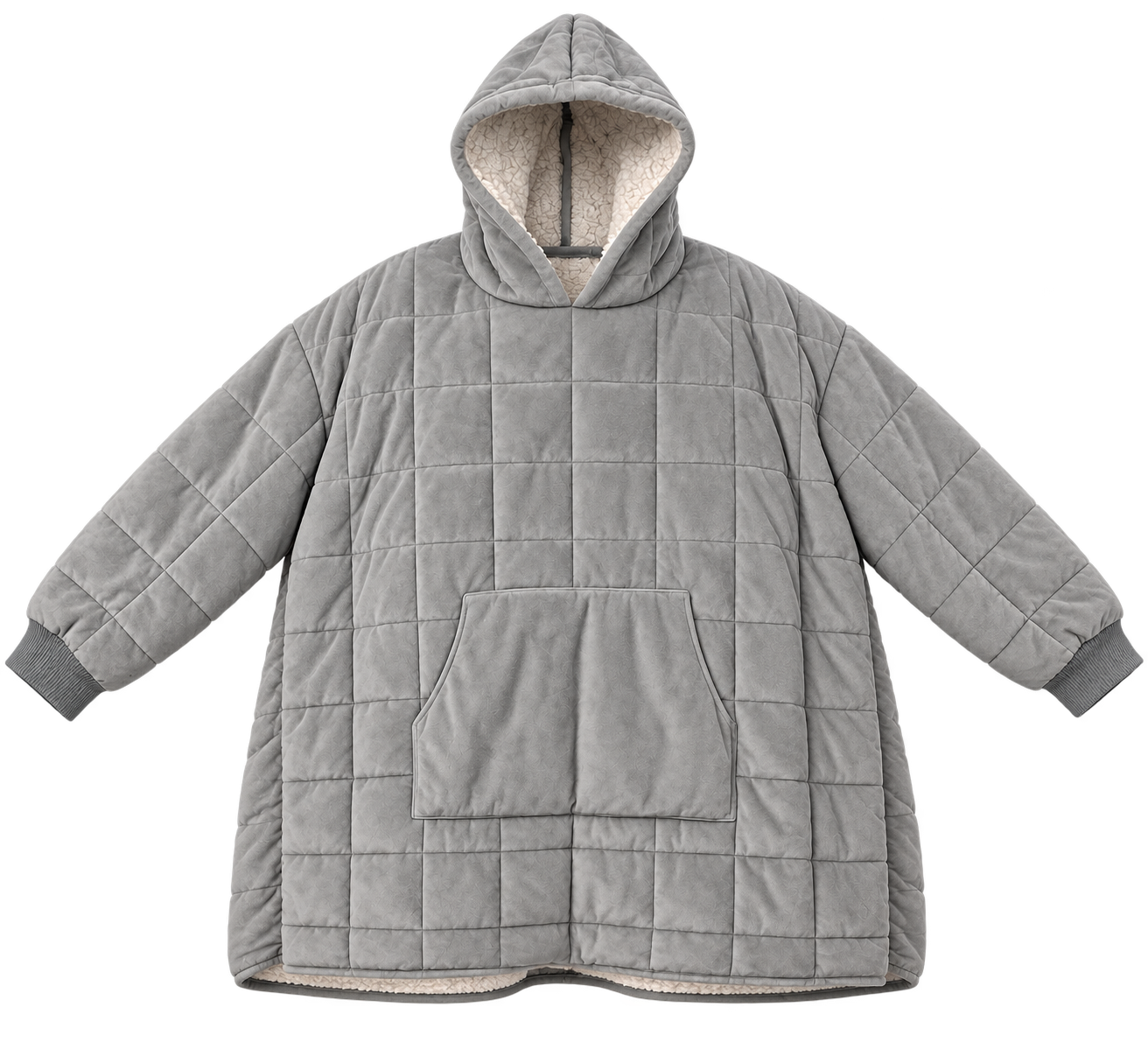 The Huvra laid flat, showing the box-quilted grid, low kangaroo pocket, ribbed cuffs and cream sherpa lining