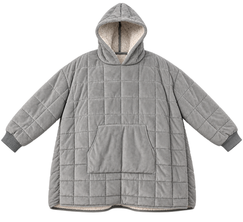 The Huvra laid flat, showing the box-quilted grid, low kangaroo pocket, ribbed cuffs and cream sherpa lining